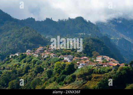 Houses on slope in Sao Roque do Faial in the mountains, Santana, Madeira, Portugal, Atlantic, Europe Stock Photo