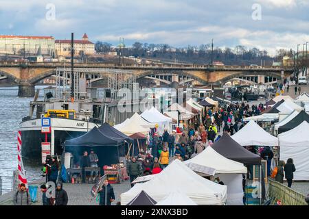 Farmers market on Vltava riverside near Palackeho namesti, Prague, Czech Republic (Czechia), Europe Stock Photo