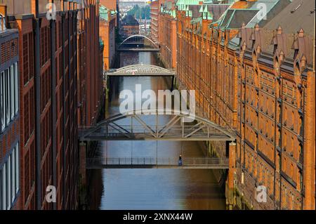 Aerial view of the Brookfleet canal in the Speicherstadt (City of Warehouses), HafenCity district, Hamburg, Germany, Europe Stock Photo