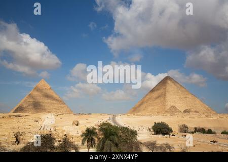 Pyramid of Khafre (Chephren) on left, Pyramid of Khufu (Cheops) on right, Giza Pyramid Complex, UNESCO World Heritage Site, Giza, Egypt, North Africa Stock Photo