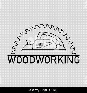 Woodworking logo. Electric planer with circular saw blade for wood. Line and outline isolated vector clipart and drawing on transparent background. Stock Vector