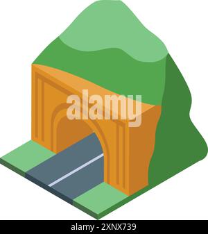 Illustration of an asphalt road passing through a tunnel in the mountain in isometric view Stock Vector