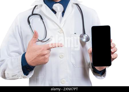 Doctor hands recommending on cell phone screen isolated. Doctor showing and pointing to blank cell phone screen Stock Photo