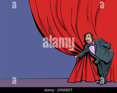 A man in a suit opens the red curtain. Invitation card to the performance. Help in revealing the hidden. Stock Vector