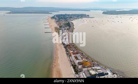 Aerial view of Sandbanks, a narrow spit of land extending into Poole Harbour, with Studland and Brownsea Island beyond, Dorset, England, United Kingdo Stock Photo