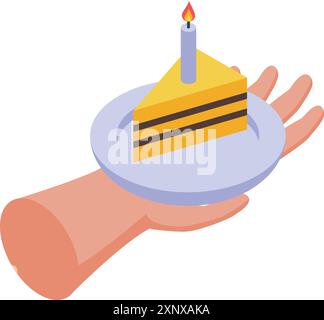 Hand holding a plate with a birthday cake slice and candle, isometric 3d icon Stock Vector