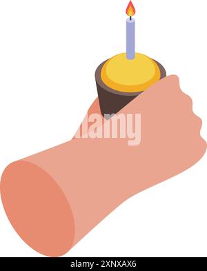 Hand holding a small birthday cupcake with a burning candle, isometric 3d icon Stock Vector