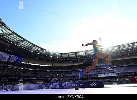 Paris, France. 2nd Aug, 2024. Gabriele Santos of Brazil competes during the women's triple jump qualification of Athletics at the Paris 2024 Olympic Games in Paris, France, Aug. 2, 2024. Credit: Song Yanhua/Xinhua/Alamy Live News Stock Photo