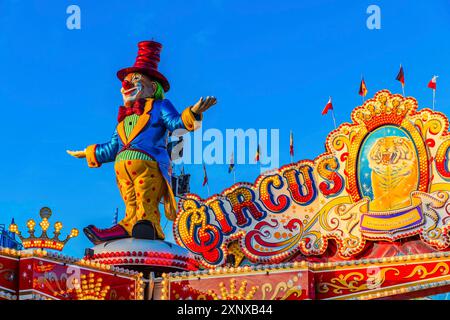 Clown figure in the round and high ride Circus Circus, Oktoberfest, Festwiese, Theresienwiese, Munich, Upper Bavaria, Bavaria, Germany, Europe Stock Photo