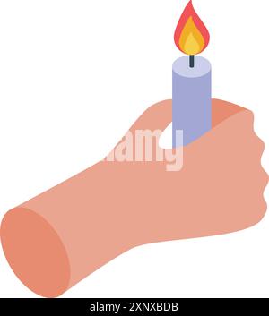 Hand is holding a burning candle in an isometric illustration style Stock Vector