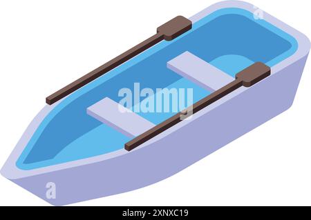 Small rowing boat floating on the water with oars, isometric view of fishing boat for lake or river Stock Vector