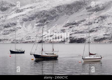 Pleasure Yachts anchored on Loch Broom in winter, Ullapool, Ross and Cromarty, Scottish Highlands, Scotland, United Kingdom, Europe Copyright: AlanxNo Stock Photo