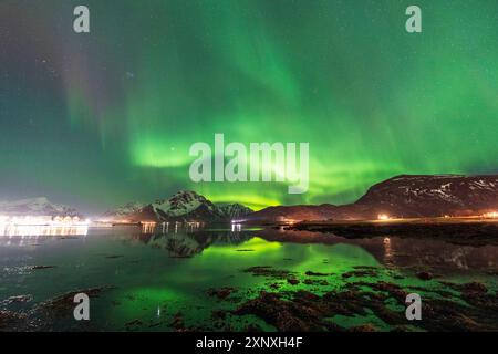 Northern lights Aaurora borealis on snowy mountains reflecting in the calm water of the fjord in the Arctic landscape, Vestvagoy, Lofoten Islands, Nor Stock Photo