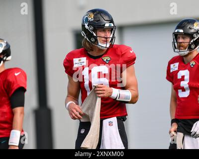 August 2, 2024: Jaguars quarterback Trevor Lawrence (16) during training camp at Miller Electric Center in Jacksonville, FL. Romeo T Guzman/Cal Sport Media Stock Photo