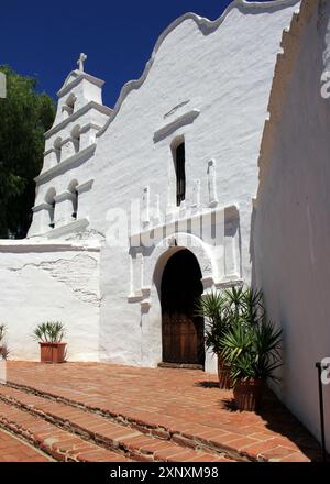 Facade of the church at the Mission Basilica San Diego de Alcala, the first Franciscan mission in The Californias, founded in 1769, San Diego, CA, USA Stock Photo