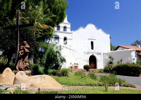 Facade of the church at the Mission Basilica San Diego de Alcala, the first Franciscan mission in The Californias, founded in 1769, San Diego, CA, USA Stock Photo