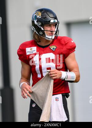 August 2, 2024: Jaguars quarterback Trevor Lawrence (16) during training camp at Miller Electric Center in Jacksonville, FL. Romeo T Guzman/Cal Sport Media Stock Photo