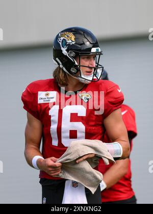 August 2, 2024: Jaguars quarterback Trevor Lawrence (16) during training camp at Miller Electric Center in Jacksonville, FL. Romeo T Guzman/Cal Sport Media Stock Photo