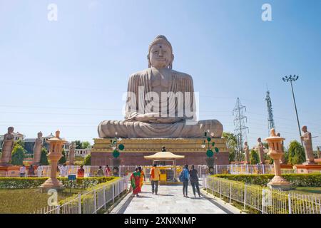 The 80-foot high Great Buddha Statue Daibutsu, built by the Daijokyo Sect of Nagoya, Japan, unveiled by the XIV Dalai Lama in 1989,Bodh Gaya, Bihar, I Stock Photo