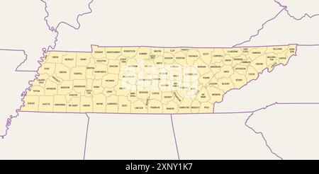 Tennessee, subdivided into 95 counties, political map with borders and county names. Landlocked state in the Southeastern region of the United States. Stock Photo