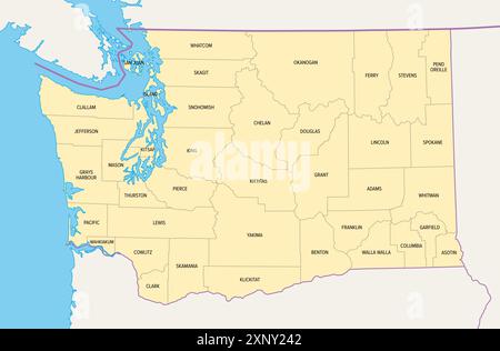 Washington, U.S. state, subdivided into 39 counties, political map with borders and county names. Westernmost state in the Pacific Northwest of USA. Stock Photo