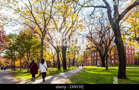 Cambridge, Massachusetts, USA - November 20, 2021: Students walking in Harvard Yard on a sunny autumn afternoon. Student dormitory buildings in the ba Stock Photo