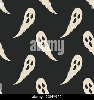 Seamless pattern of retro ghosts on black background. Happy Halloween. Vector Stock Vector