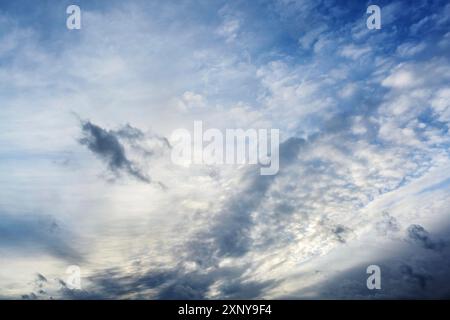 Light and dark clouds on the blue sky on a stormy day, natural background, concept for weather forecast and meteorology, copy space, soft focus Stock Photo