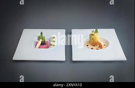 Two dishes of a modern gourmet menu, asparagus in nori leaf with beetroot sauce, fish course from saffron risotto with prawn and crustacean sauce Stock Photo