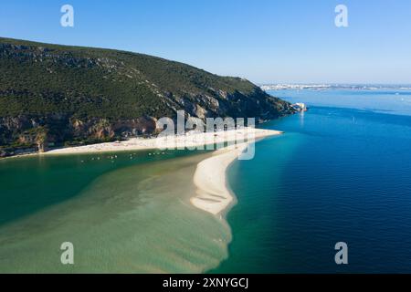 Figueirinha White Beach and Sandspit, Mountain and Atlantic Ocean. Portugal. Aerial View Stock Photo