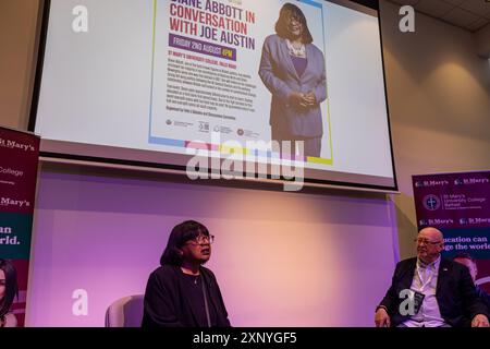 Belfast, UK. 02nd Aug, 2024. MP for Hackney North and Stoke Newington Diane Abbott was in Conversation with Joe Austin as part of the 2024 Feile an Phobal in Belfast Credit: Bonzo/Alamy Live News Stock Photo