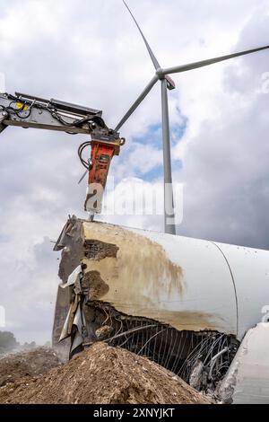 Demolition of the tower of a 20 year old wind turbine, in the Werl wind ...