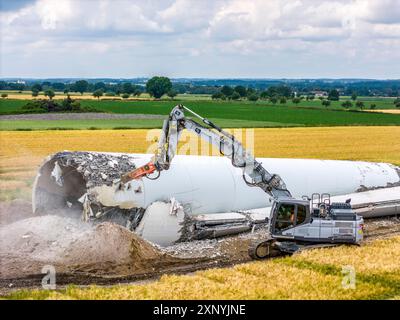 Demolition of the tower of a 20 year old wind turbine, in the Werl wind ...