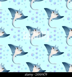 Adorable seamless vector pattern featuring cute cartoon stingrays and bubbles on a light blue background Stock Vector