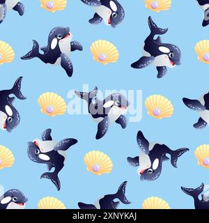 Playful orca whale and seashell seamless pattern on a vibrant blue background. Vector illustration  Stock Vector