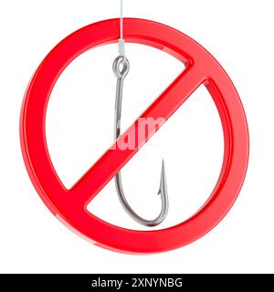 Fishing hook with prohibition sign. No Fishing sign, 3D rendering isolated on white background Stock Photo