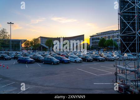 Temporary drive-in cinema, in the car park in front of Messe Essen, Grugahalle, large LED screen, in the Ruettenscheid district, effects of the Stock Photo