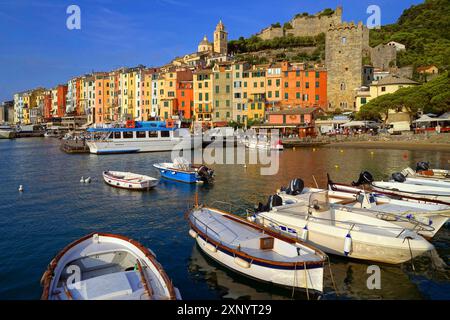 Italy, View of the harbour and the town of Porto Venere, Porto Venere, Italy Stock Photo