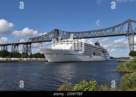 Cruise ship Europa 2 passes through the railway bridge in the Kiel Canal in Rendsburg, Kiel Canal, Schleswig-Holstein, Germany Stock Photo