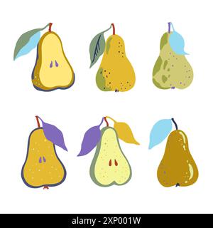 Set of pears and half of pears in abstract minimalistic style isolated on white background. Vector illustration. Stock Vector