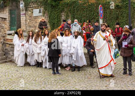 Plovdiv, Bulgaria, November 26, 2021: Young wine parade in the Old Town, Dionysian procession Stock Photo