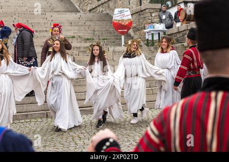 Plovdiv, Bulgaria, November 26, 2021: Young wine parade in the Old Town, Dionysian procession Stock Photo