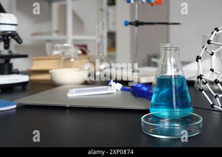 Petri dish and chemical flask with blue liquid on table in medical laboratory, closeup Stock Photo