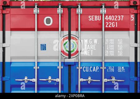 Paraguay flag depicted on metal doors of shipping cargo container outdoors in docks area close up Stock Photo