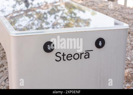 Moscenicka Draga, Croatia, august, 12, 2021, Steora solar smart bench near the beach. Smart bench provides temperature and weather sensors, with Stock Photo