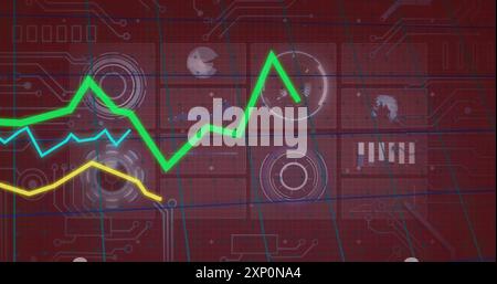 Green fluctuating line graph image over red technological interface with various icons Stock Photo