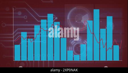 Bar and line graph image over digital circuit board background Stock Photo