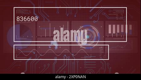 Digital data processing image over red circuit board background Stock Photo