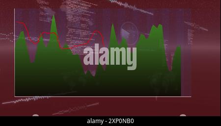 Financial data and stock market trends image over fluctuating green graph Stock Photo