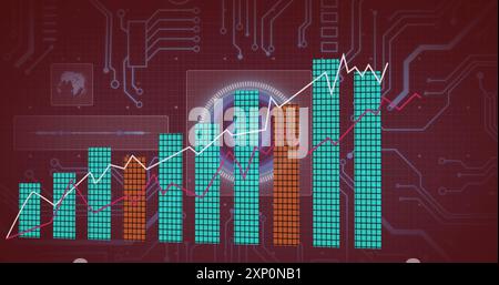 Bar and line graphs over digital circuit board and abstract circular image Stock Photo